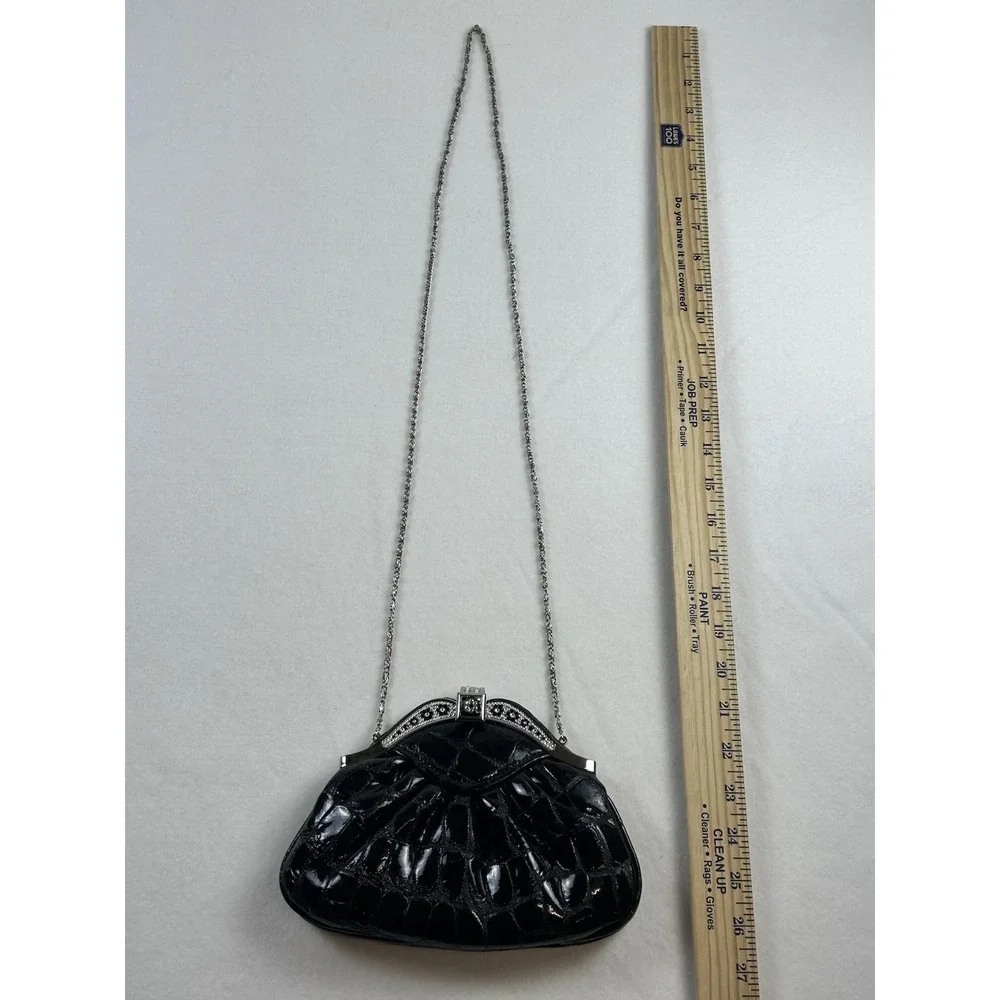 VTG. Black Patent Croc Embossed Clutch Rhinestone Floral Evening Bag Chain Strap